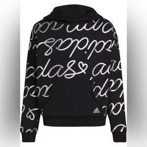 Adidas | Girls' Allover Print Foil Fleece Silver on Black Hoodie | Size 14 | EUC